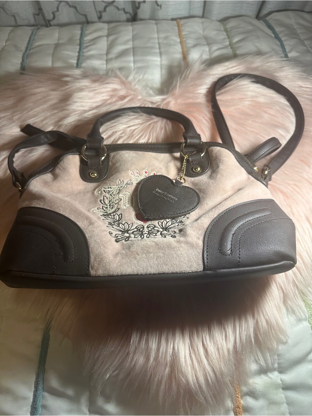 Juicy Couture Pale Pink and Brown Embroidered Heart Charm Satchel